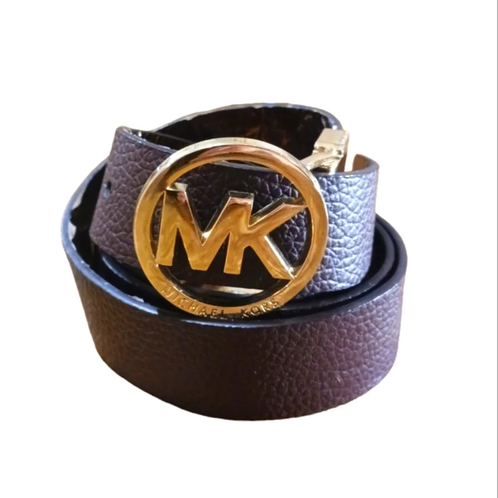 MICHAEL Michael Kors Brown Leather Logo Belt with Gold MK Buckle